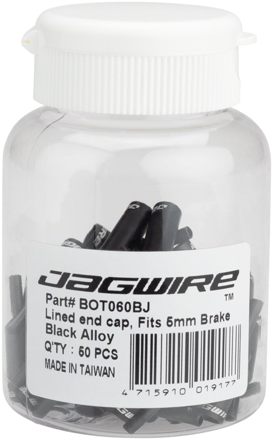 Load image into Gallery viewer, Jagwire 5mm Lined Alloy End Caps Bottle of 50 Black