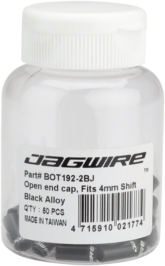 Load image into Gallery viewer, Jagwire 4mm Sealed Alloy End Caps Bottle of 50 Black