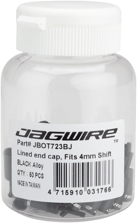 Load image into Gallery viewer, Jagwire 4mm Lined Alloy End Caps Bottle of 50 Black