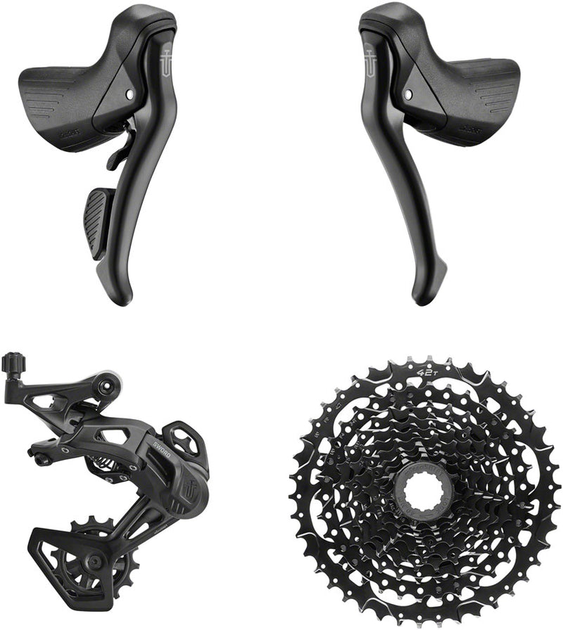 Load image into Gallery viewer, microSHIFT Sword BLK 1x9-Speed Groupset - Includes Brake/Shifters Rear Derailleur Medium Cage 11-42t Cassette