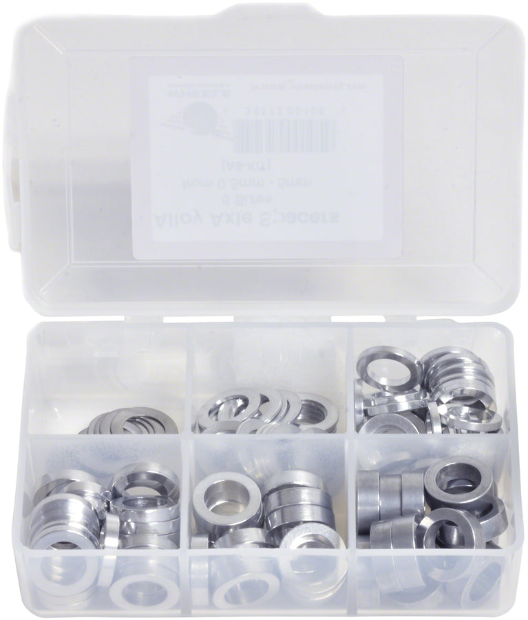 Load image into Gallery viewer, Wheels Manufacturing Kit of six assorted sizes .5 to 5mm 125 Spacers in storage box