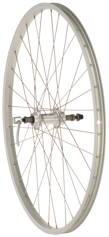 Load image into Gallery viewer, Quality Wheels Value Single Wall Series Rear Wheel - 26" QR x 135mm Rim Brake Freewheel Silver Clincher 36H