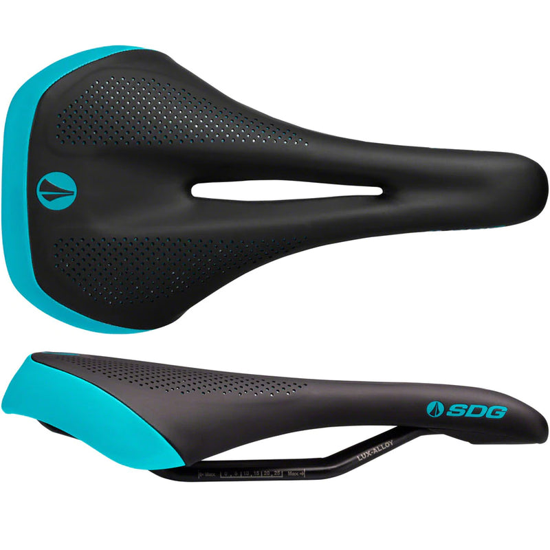 Load image into Gallery viewer, SDG Allure V2 Saddle Lux-Alloy Rails Black/Turq