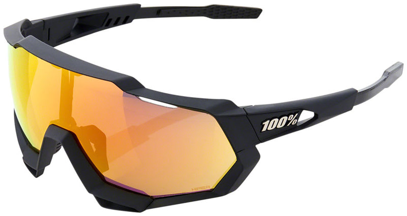 Load image into Gallery viewer, 100% Speedtrap Sunglasses - Soft Tact Black HiPER Red Multilayer Mirror Lens
