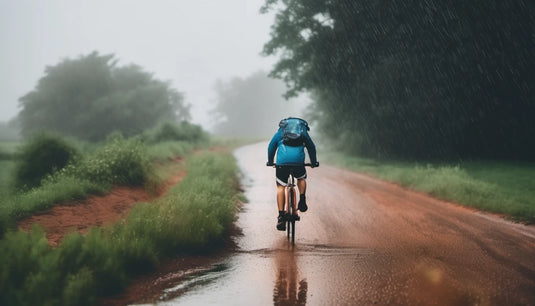 A person in a blue jacket with a backpack riding a gravel bike on a wet road in the country while it's raining and a little foggy