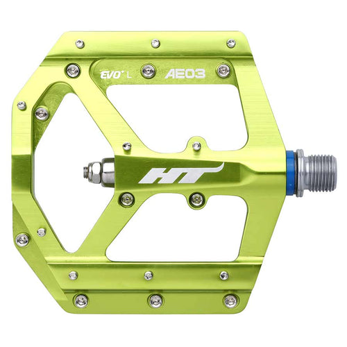 HT Components AE03 EVO+ Platform Pedals Body: Aluminum Spindle: Cr-Mo 9/16 Green Pair