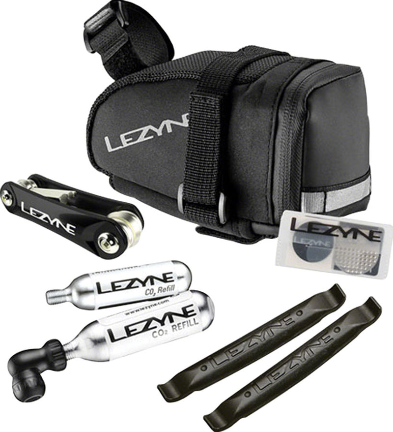 Load image into Gallery viewer, Lezyne M-Caddy Seat Bag Twin Speed Drive 16g CO2 Rap6 Tool SmartKit Composite Matrix Tire Levers BLK
