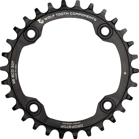 Wolf Tooth 96 Symmetrical BCD Chainring - 30t 96 BCD 4-Bolt Drop-Stop A For Shimano Cranks BLK