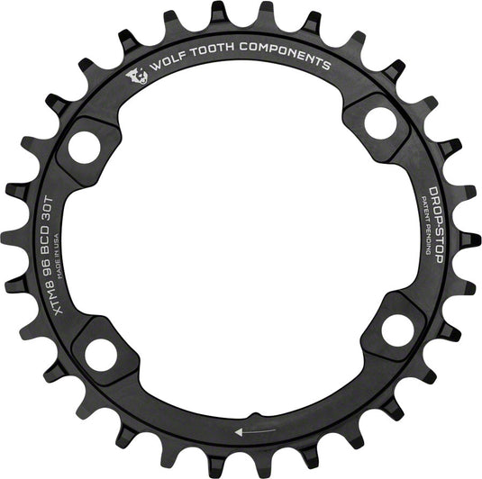 Wolf Tooth 96 BCD Chainring - 30t 96 Asymmetric BCD 4-Bolt Drop-Stop A For Shimano XT M8000 SLX M7000 Cranks BLK
