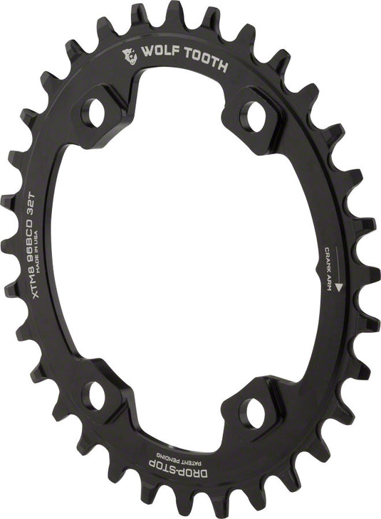 Wolf Tooth Elliptical 96 BCD Chainring - 32t 96 Asymmetric BCD 4-Bolt Drop-Stop A For Shimano XT M8000 SLX M7000 Cranks BLK