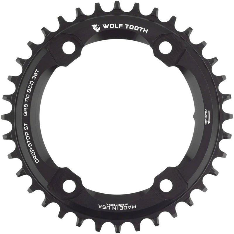Load image into Gallery viewer, Wolf Tooth Shimano 110 Asymmetric BCD Chainring - 36t 110 Asymmetric BCD 4-Bolt Drop-Stop ST For Shimano GRX Cranks BLK
