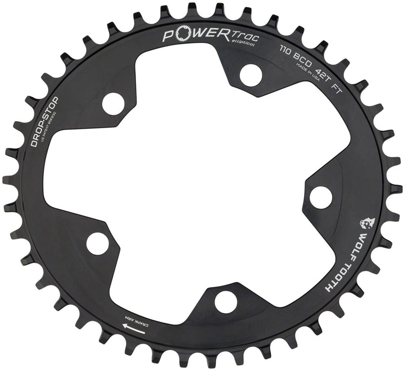 Load image into Gallery viewer, Wolf Tooth Elliptical 110 BCD Chainring - 42t 110 BCD 5-Bolt Drop-Stop B 10/11/12-Speed Eagle Flattop Compatible BLK
