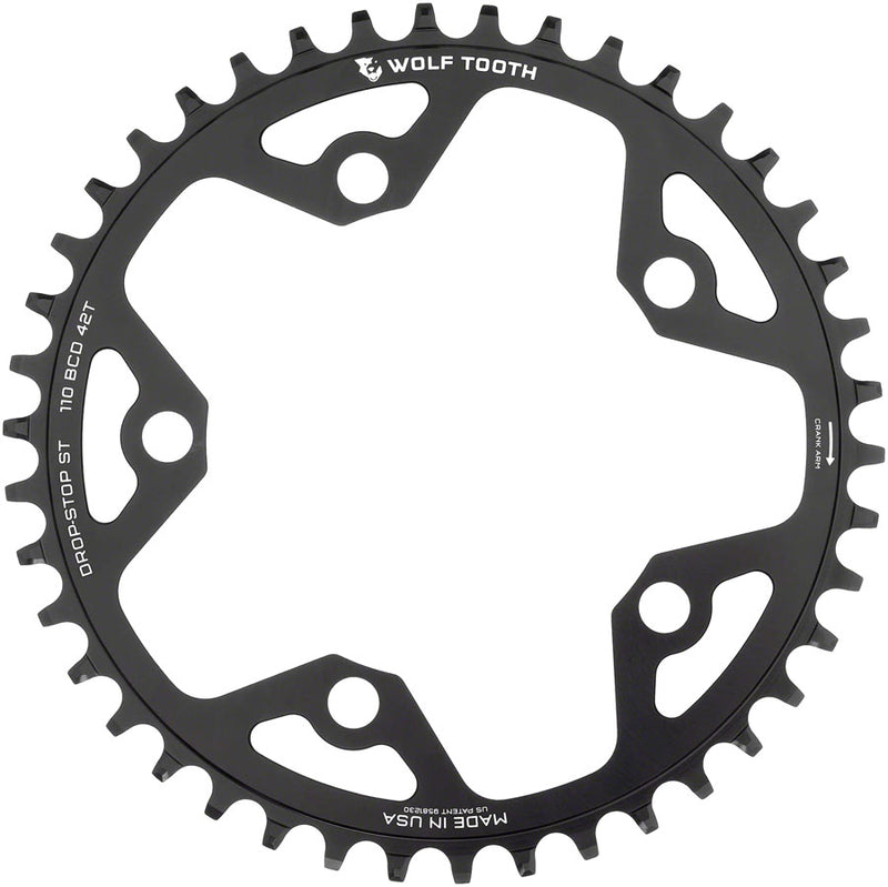 Load image into Gallery viewer, Wolf Tooth 110 BCD Gravel CX Road Chainring - 42t 110 BCD 5-Bolt Drop-Stop ST For Shimano HG+ KMC 12-Speed Chains BLK
