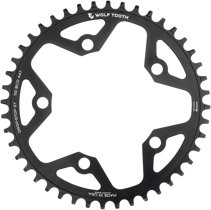 Load image into Gallery viewer, Wolf Tooth 110 BCD Gravel CX Road Chainring - 44t 110 BCD 5-Bolt Drop-Stop ST For Shimano HG+ KMC 12-Speed Chains BLK
