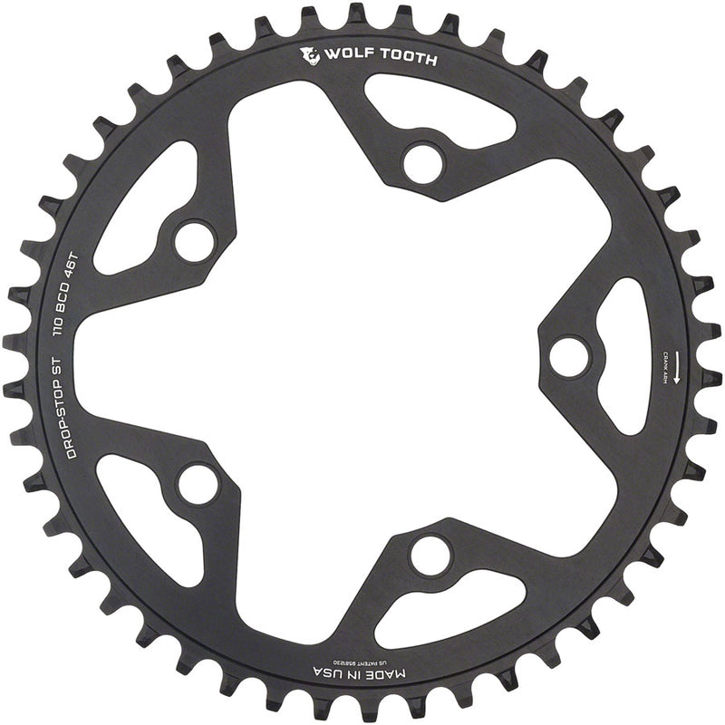 Load image into Gallery viewer, Wolf Tooth 110 BCD Gravel CX Road Chainring - 46t 110 BCD 5-Bolt Drop-Stop ST For Shimano HG+ KMC 12-Speed Chains BLK
