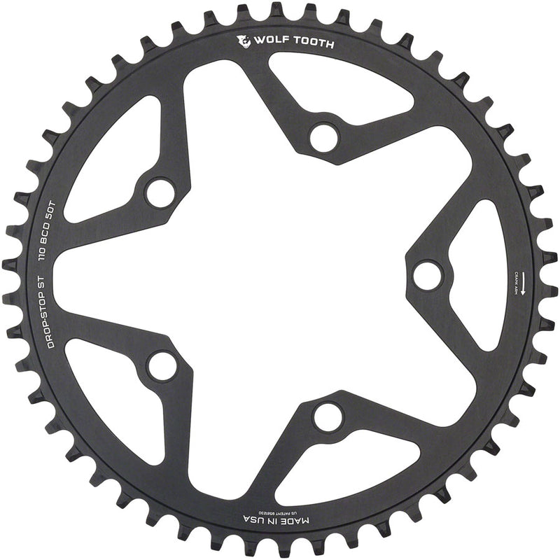 Load image into Gallery viewer, Wolf Tooth 110 BCD Gravel CX Road Chainring - 50t 110 BCD 5-Bolt Drop-Stop ST For Shimano HG+ KMC 12-Speed Chains BLK
