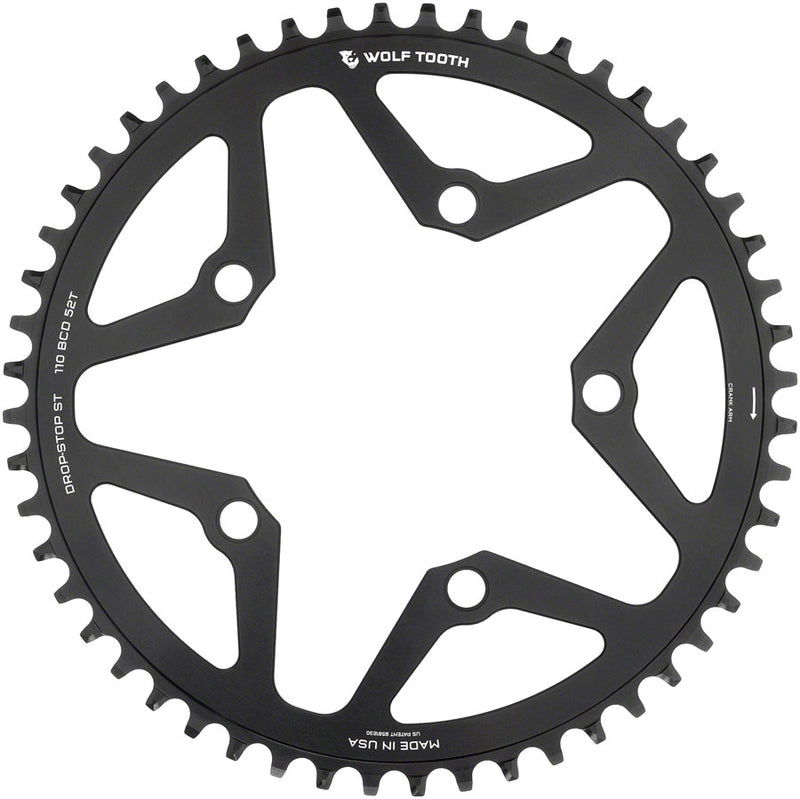 Load image into Gallery viewer, Wolf Tooth 110 BCD Gravel CX Road Chainring - 52t 110 BCD 5-Bolt Drop-Stop ST For Shimano HG+ KMC 12-Speed Chains BLK
