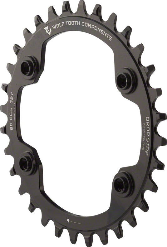 Wolf Tooth 96 BCD Chainring - 32t 96 Asymmetric BCD 4-Bolt Drop-Stop For Shimano XTR M9000 M9020 Cranks BLK