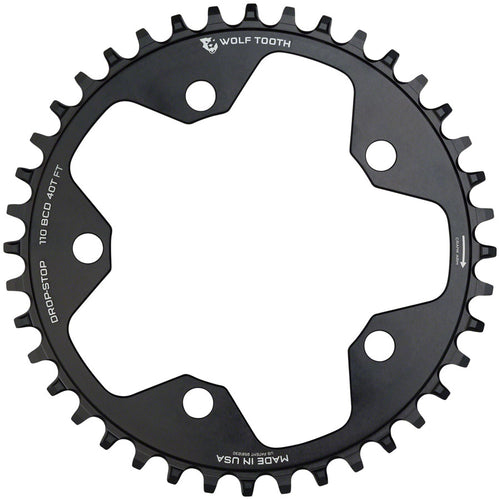 Wolf Tooth 110 BCD Cyclocross Road Chainring - 40t 110 BCD 5-Bolt Drop-Stop 10/11/12-Speed Eagle Flattop Compatible BLK