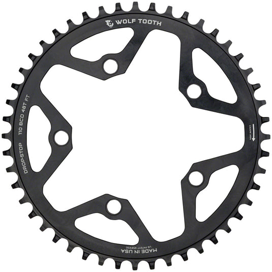 Wolf Tooth 110 BCD Cyclocross Road Chainring - 48t 110 BCD 5-Bolt Drop-Stop 10/11/12-Speed Eagle Flattop Compatible BLK