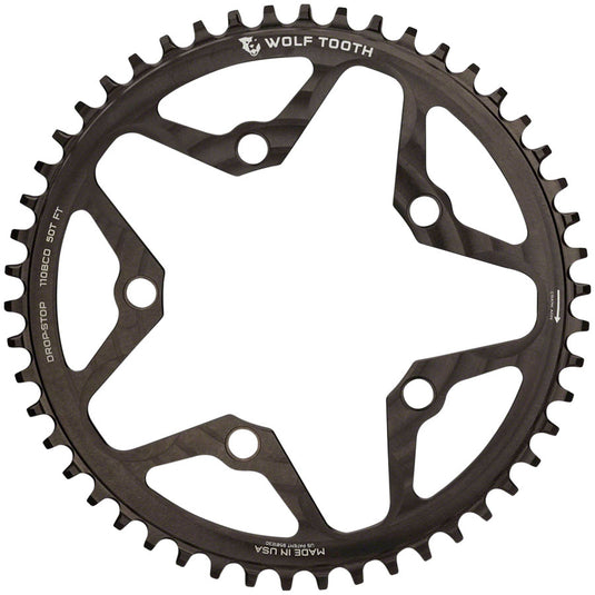Wolf Tooth 110 BCD Cyclocross Road Chainring - 52t 110 BCD 5-Bolt Drop-Stop 10/11/12-Speed Eagle Flattop Compatible BLK
