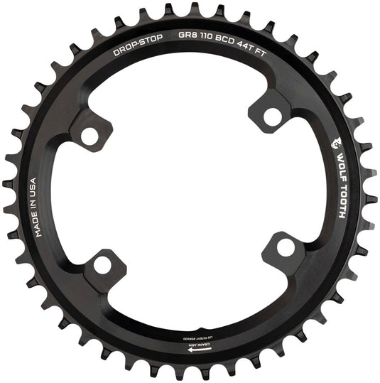 Wolf Tooth Shimano 110 Asymmetric BCD Chainring - 44t 110 Asymmetric BCD 4-Bolt Drop-Stop Flattop For Shimano GRX Cranks BLK