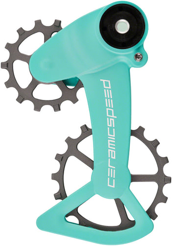 CeramicSpeed OSPW X  Pulley Wheel System SRAM Eagle AXS - Coated Races Alloy Pulley Carbon Cage Turqoise/Silver Cerakote
