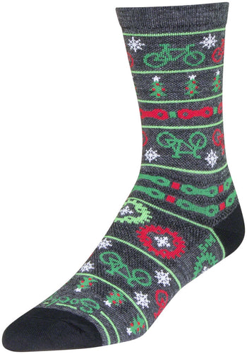 SockGuy Wool Ride Merry Crew Socks - 6 inch Gray/Red/Green Small/Medium