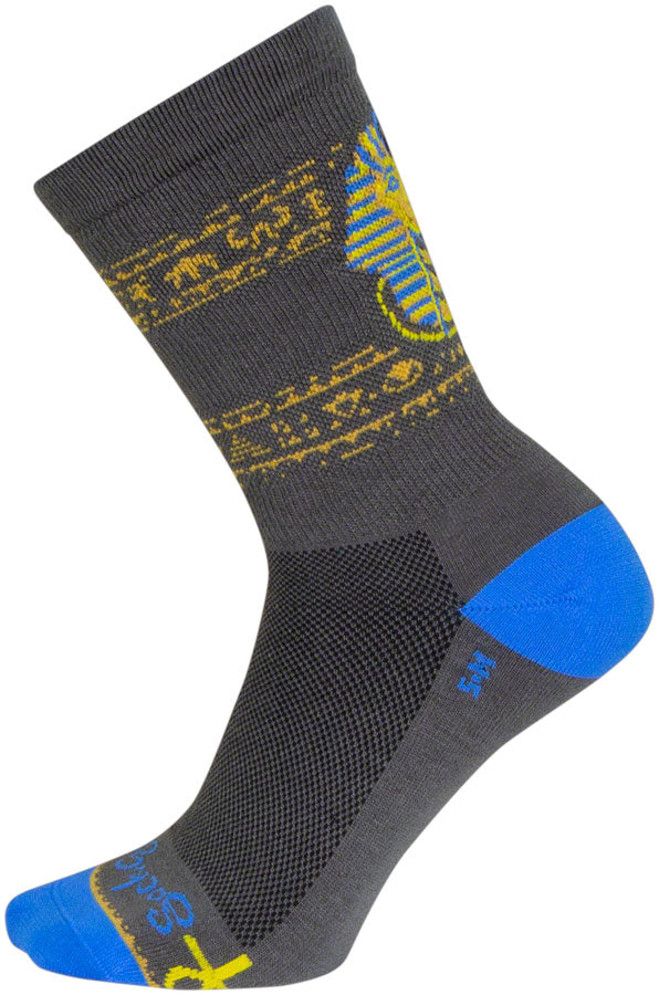 Load image into Gallery viewer, SockGuy Ancient Crew Socks - 6 inch Gray/Yellow/Blue Large/X-Large
