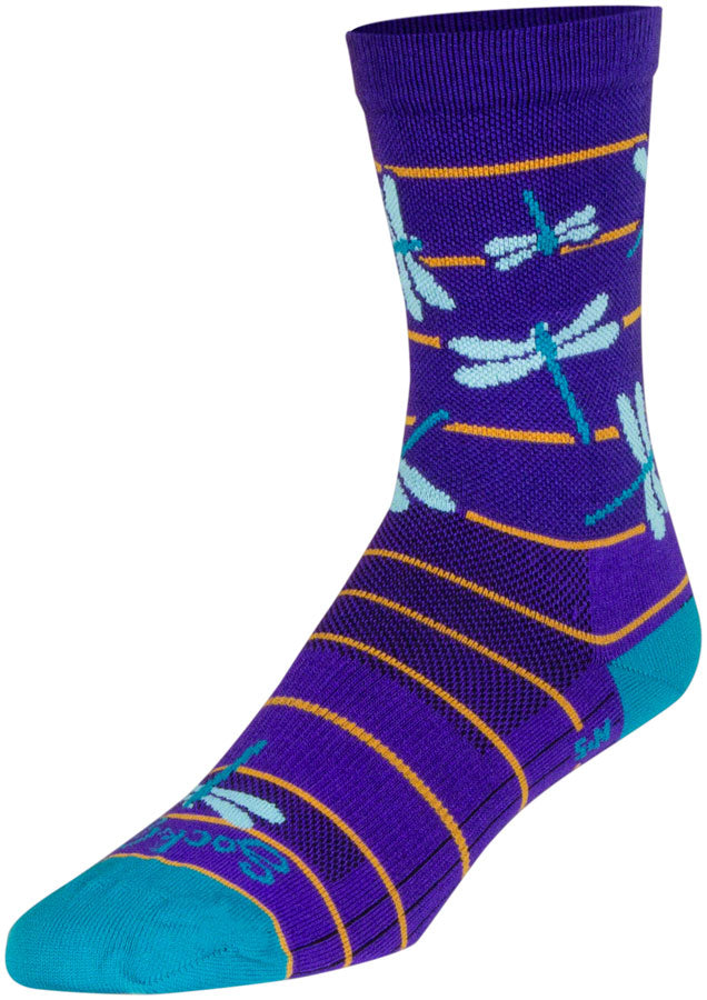 Load image into Gallery viewer, SockGuy Dragonflies Crew Socks - 6 inch Purple/Blue/Orange Large/X-Large

