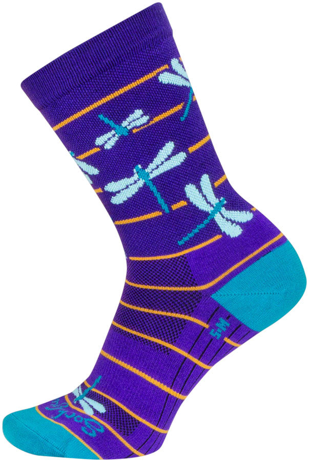 Load image into Gallery viewer, SockGuy Dragonflies Crew Socks - 6 inch Purple/Blue/Orange Large/X-Large
