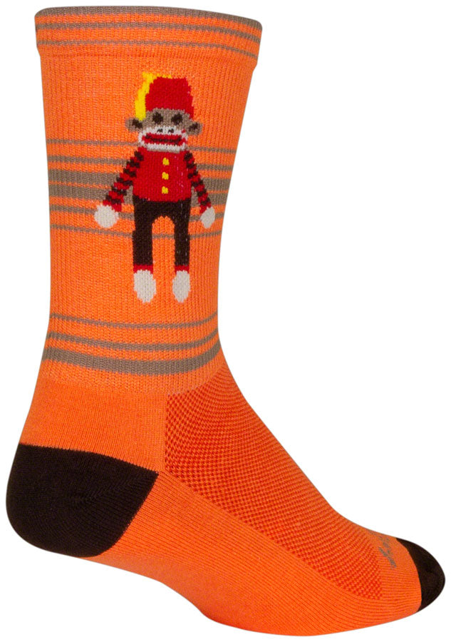 Load image into Gallery viewer, SockGuy Funky Monkey Crew Socks - 6 inch Orange/Red/Brown Small/Medium
