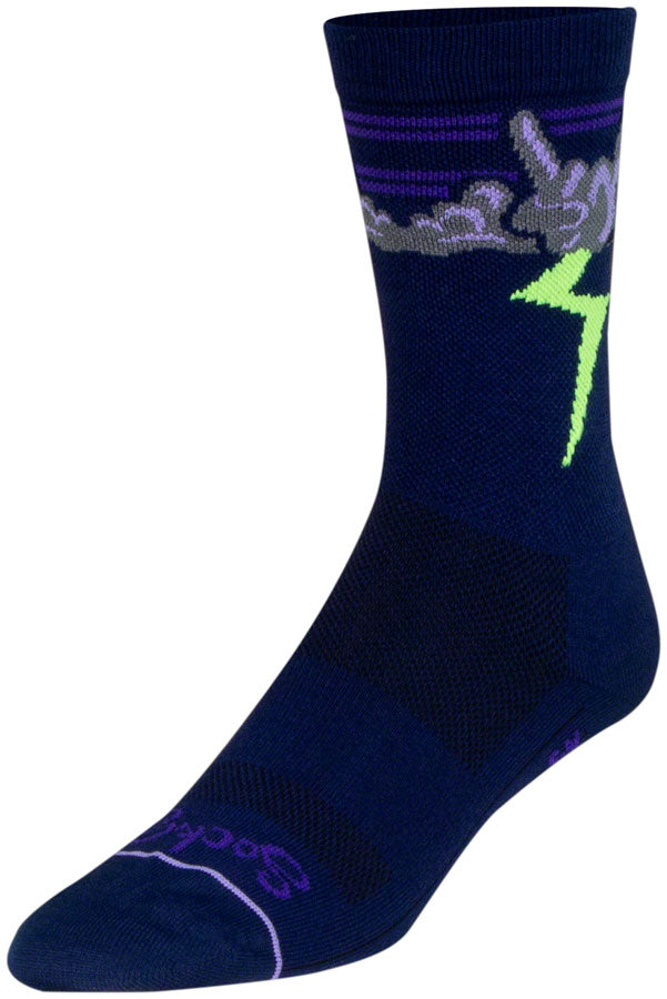 Load image into Gallery viewer, SockGuy Thunder Crew Socks - 6 inch Navy/Purple/Green Large/X-Large
