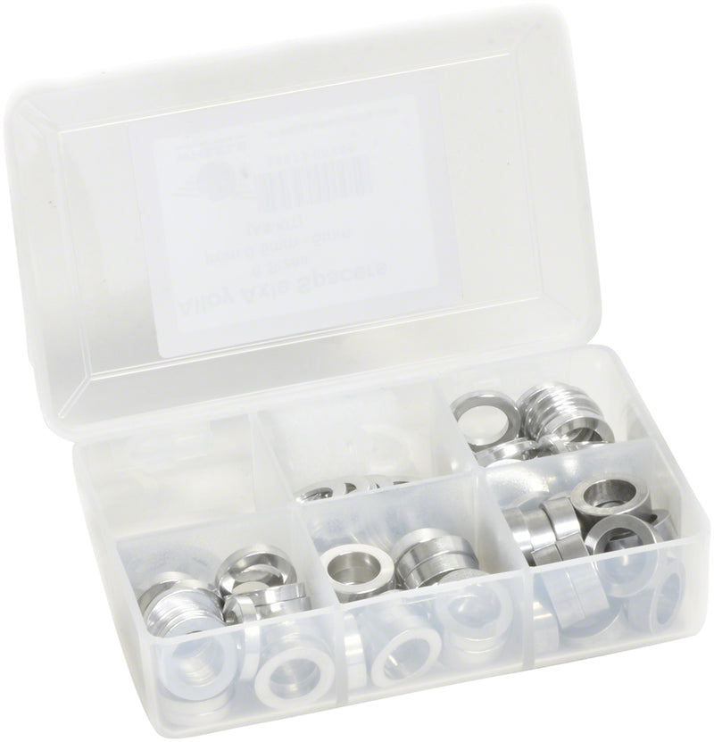 Load image into Gallery viewer, Wheels Manufacturing Kit of six assorted sizes .5 to 5mm 125 Spacers in storage box
