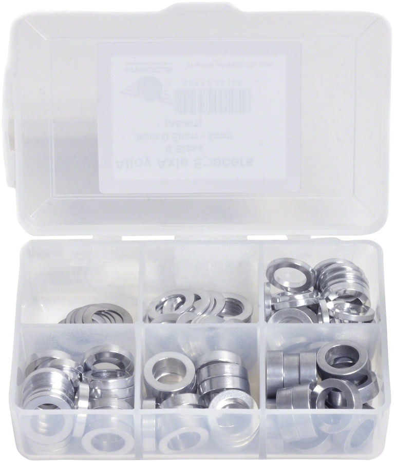 Load image into Gallery viewer, Wheels Manufacturing Kit of six assorted sizes .5 to 5mm 125 Spacers in storage box
